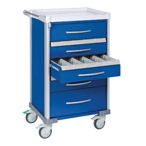 Blue LX Medication Trolley with open drawer and extended work surface