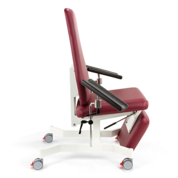 Side view of a Vena Vario Phlebotomy Chair in Burgundy Red colour