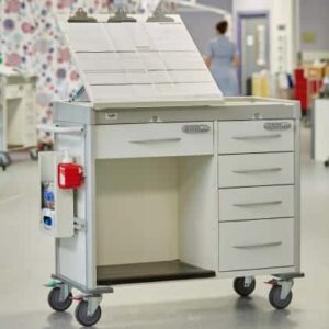 Chart Top Trolley with locking drawers and storage area - In use at Glenfield Hospital, Leicester