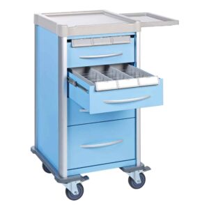 Light Blue Narrow Medication Trolley with open drawer and extended work surface