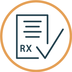 RX prescription and a checkmark icon in dark blue in a gold circle