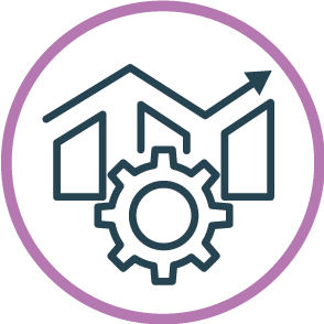 Icon for operation efficiency (cogs and charts) in dark blue and purple