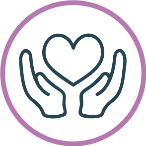 Hands holding heart icon in purple and dark blue