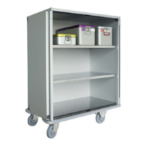 Aluminium Sterile Case Cart with open doors and two internal shelves