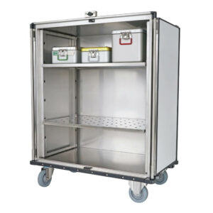 Stainless Steel Sterile Case Cart with open doors and two perforated shelves
