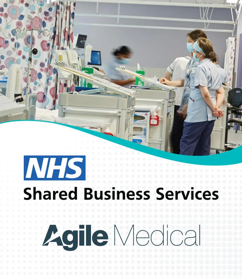 Medical professionals in a hospital ward with Agile Medical chart trolleys, with the NHS Shared Business Services and Agile Medical logos below